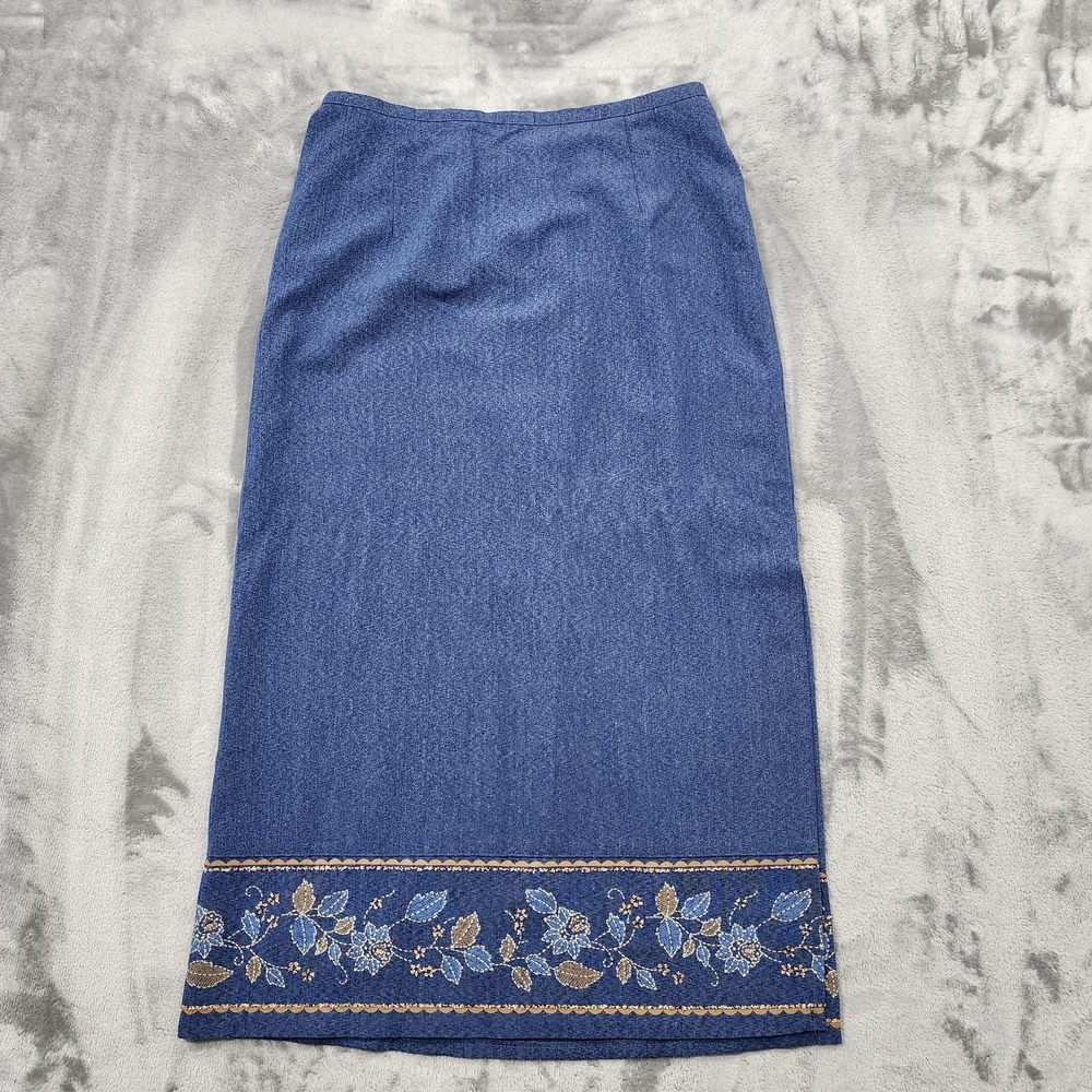 Vintage Alfred Dunner Skirt Womens 14 Blue Denim Floral Beaded Pull On Side Vent